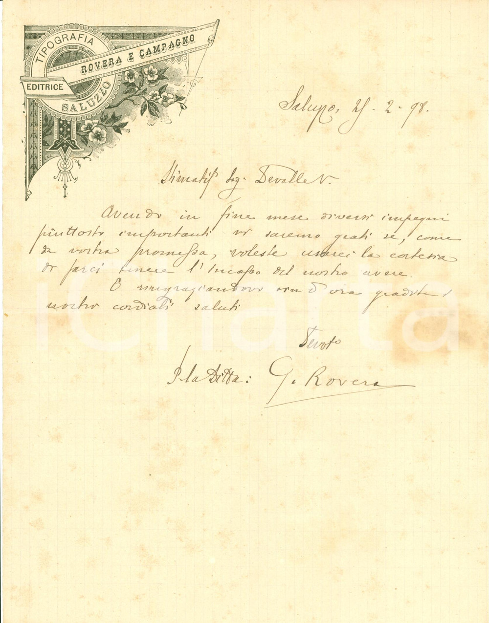 Documento originale, autentico 1898 SALUZZO (CN) Tipografia editrice ROVERA & CAMPAGNO *Lettera commerciale 1