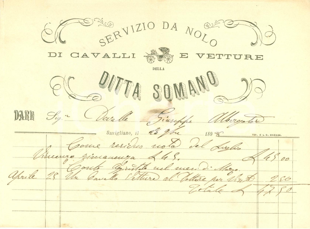 Documento originale, autentico 1898 SAVIGLIANO CN Ditta SOMANO Servizio nolo cavalli e vetture Fattura 1
