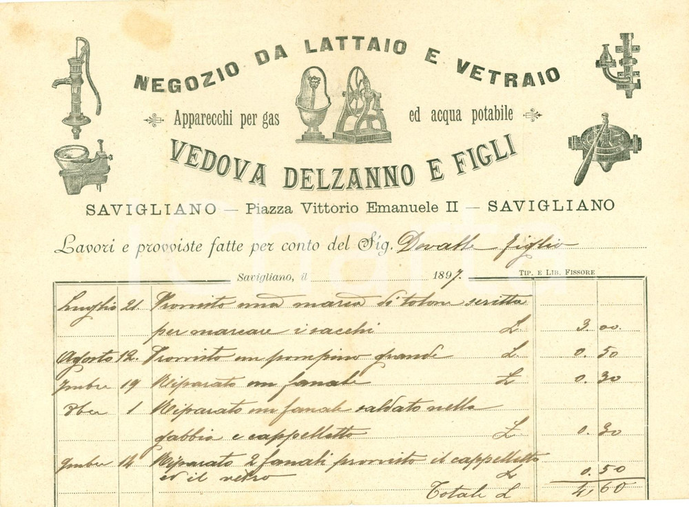Documento originale, autentico 1897 SAVIGLIANO (CN) Conto Vedova DELZANNO & Figli negozio lattaio e vetraio 1
