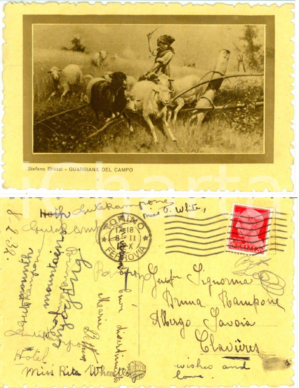 Cartolina originale da collezione 1932 TORINO Stefano BRUZZI Guardiana del campo *Cartolina a Bruna RAMPONE FP VG 1