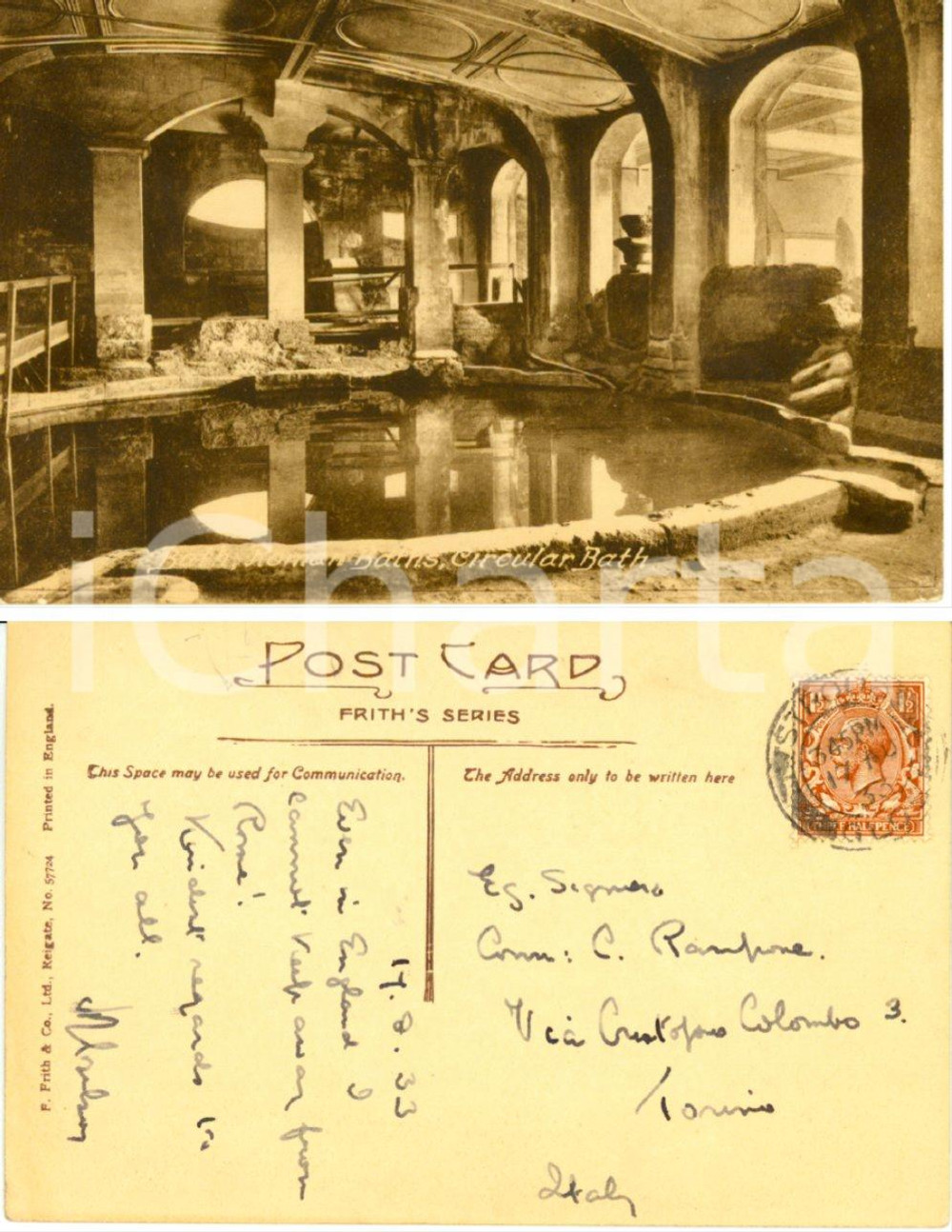 Autografo originale 1933 BATH (UK) Roman baths *Cartolina a Celestino RAMPONE FP VG 1