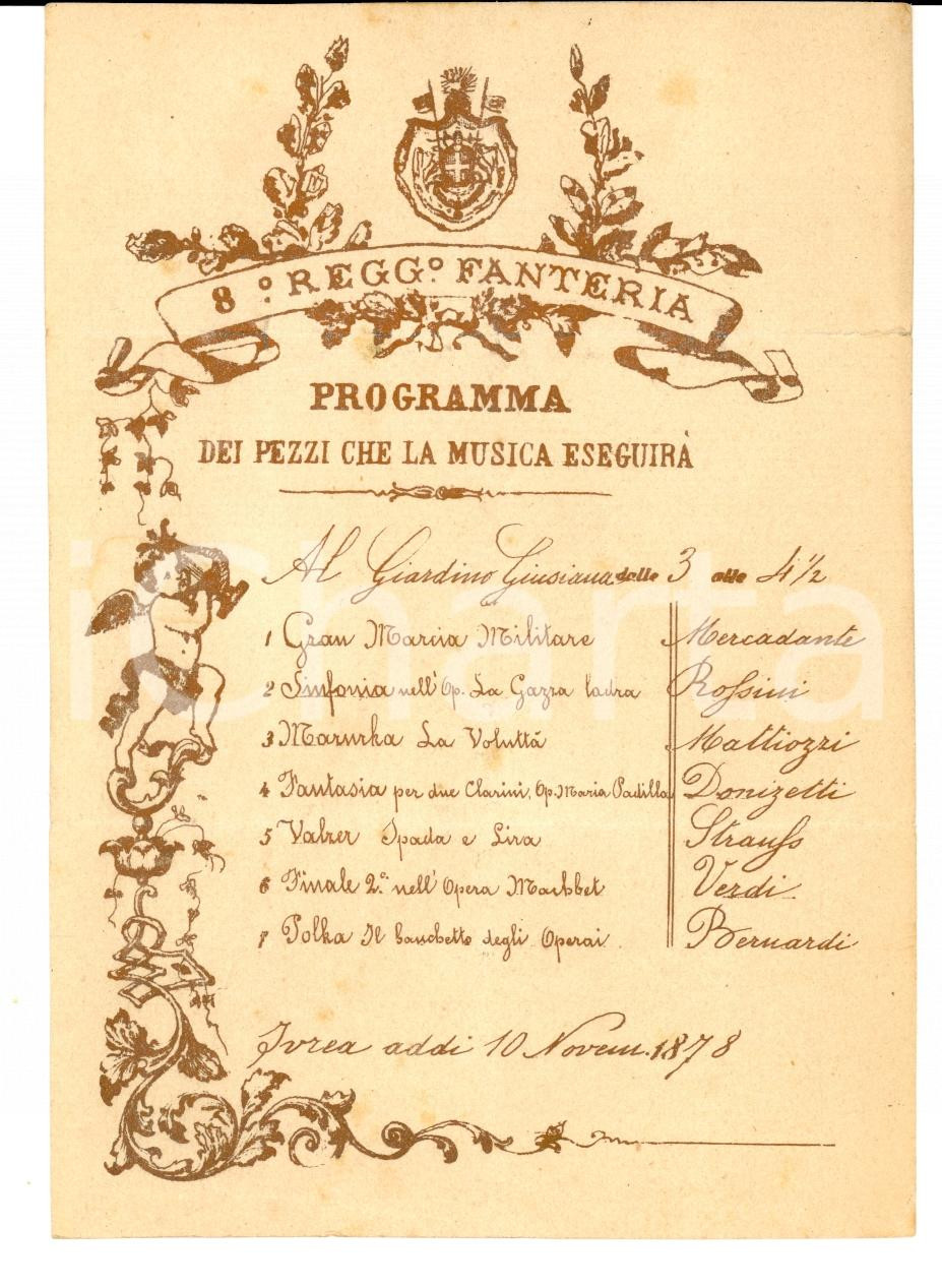 Materiale pubblicitario d’epoca 1878 IVREA TO Giardini GIUSIANA 8° Reggimento FANTERIA in concerto Programma 1