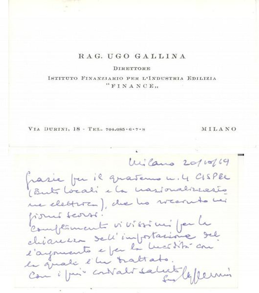 Autografo originale 1969 MILANO Biglietto da visita rag. Ugo GALLINA Direttore FINANCE *Autografo 1