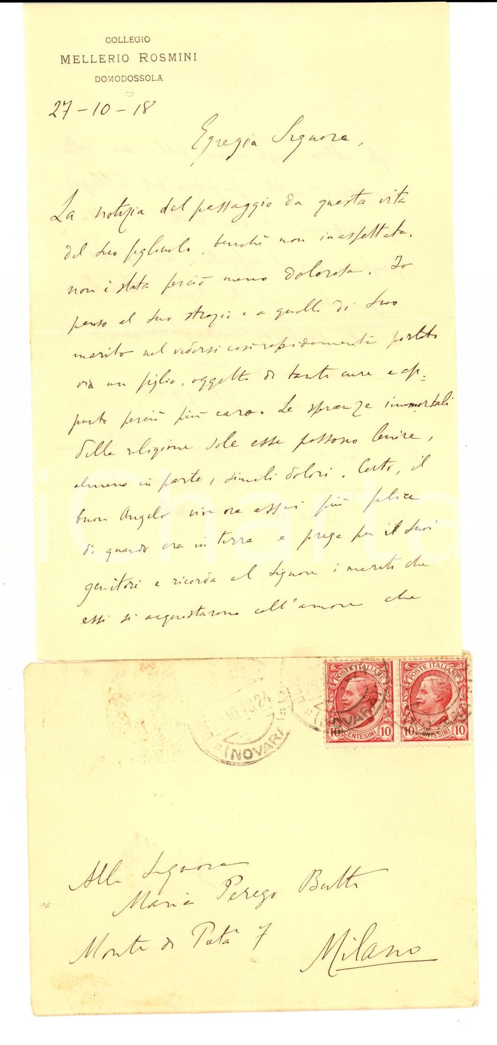 Autografo originale 1918 DOMODOSSOLA (VB) Padre Giuseppe BOZZETTI lettera condoglianze *AUTOGRAFO 1