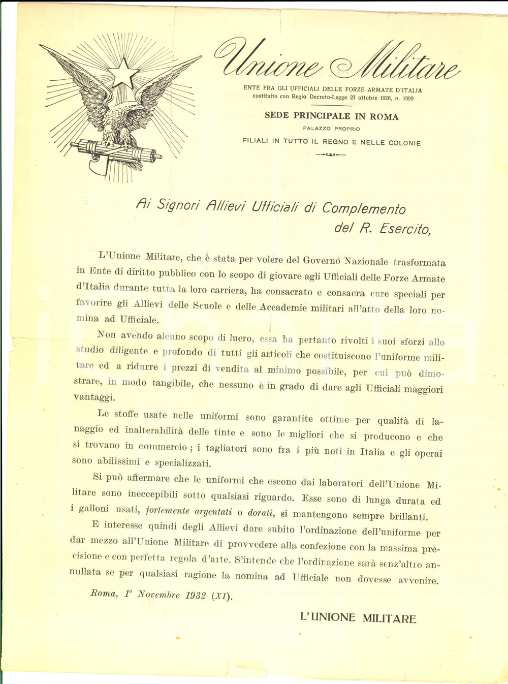 Documento originale, autentico 1932 ROMA UNIONE MILITARE Listino divise per ufficiali REGIO ESERCITO 1