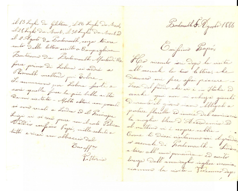 Manoscritto, lettera originale 1886 PORTSMOUTH (GB) Vittorio TORNIELLI in visita all'Arsenale ROYAL NAVY 1