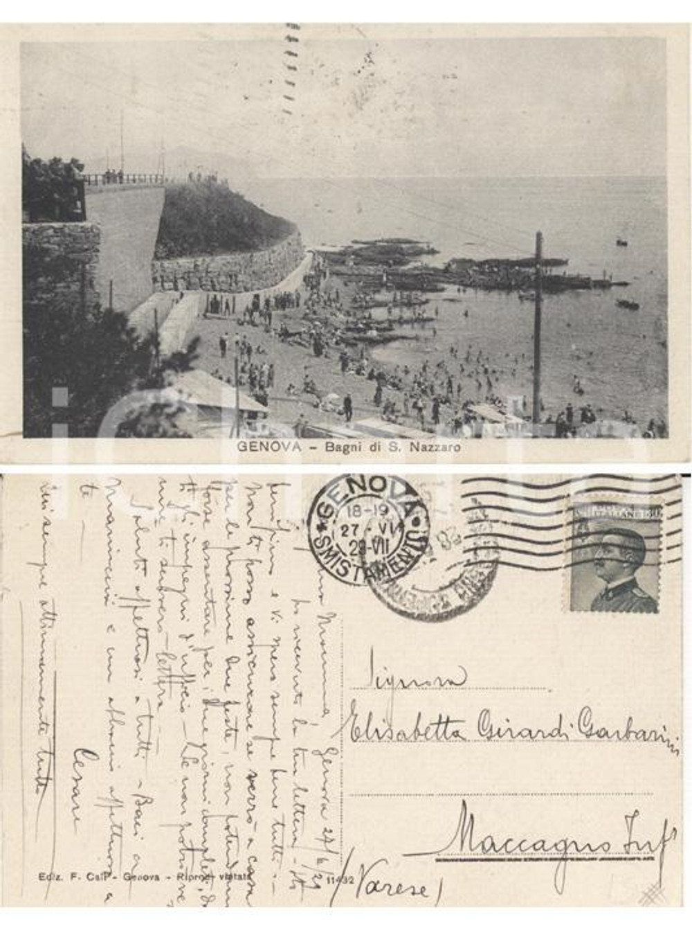 Autografo originale 1929 GENOVA Bagni SAN NAZZARO *Autografo Cesare GIRARDI di MACCAGNO FP VG 1