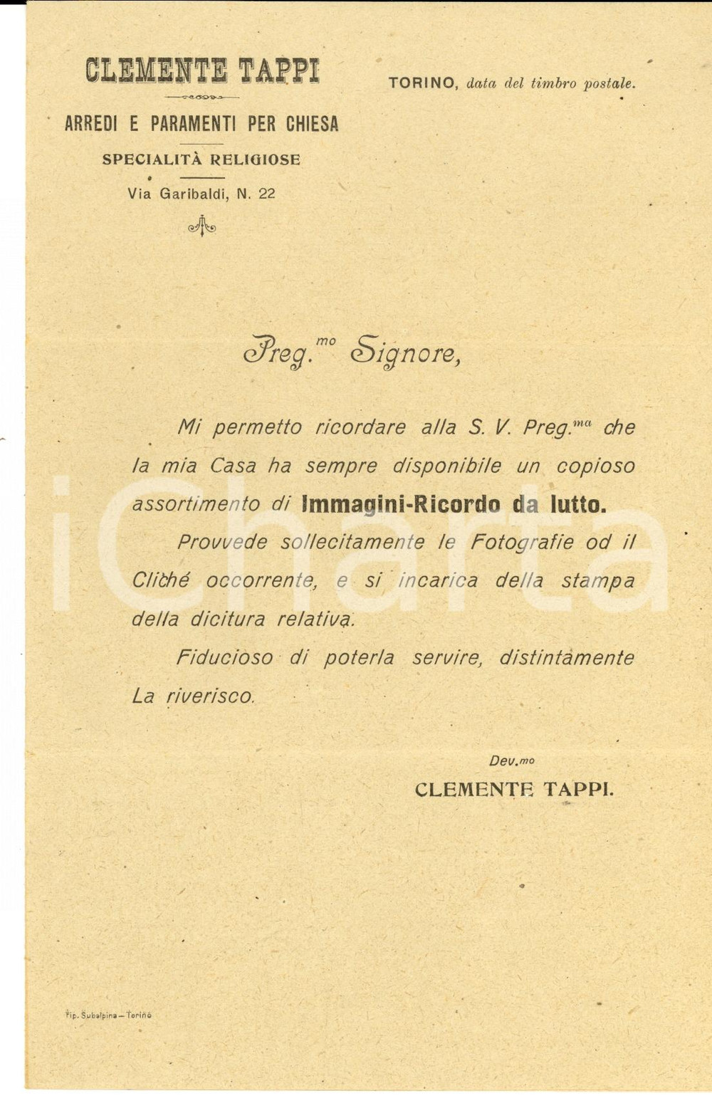 Manoscritto, lettera originale 1919 TORINO Clemente TAPPI Arredi e paramenti per chiesa *Pubblicitaria 1
