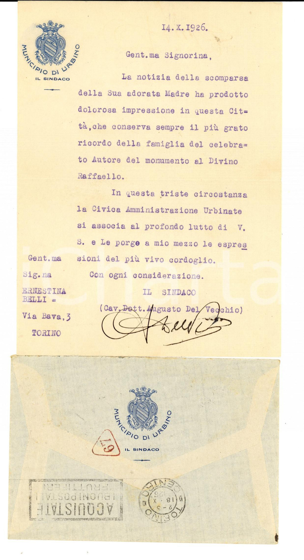 Autografo originale 1926 URBINO Condoglianze cav. Augusto DEL VECCHIO sindaco *Autografo 1