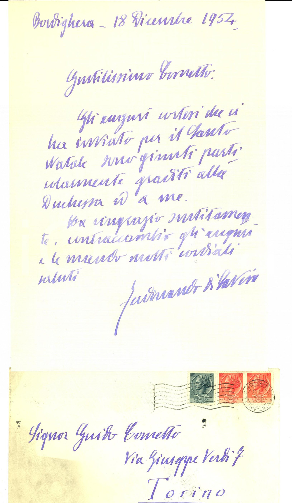 Autografo originale 1954 BORDIGHERA IM Ferdinando di SAVOIAGENOVA auguri natalizi AUTOGRAFO 1