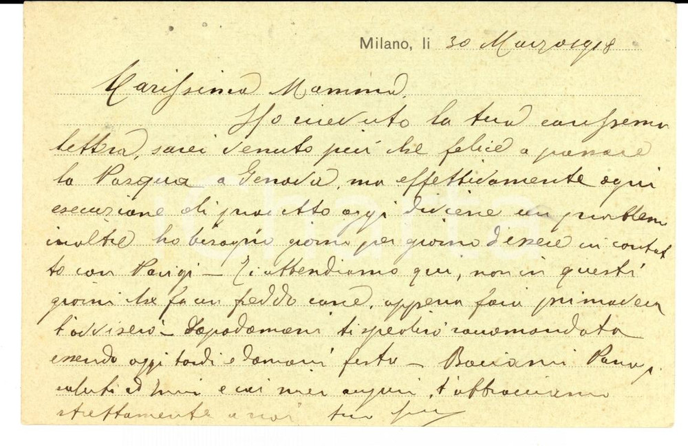 Autografo originale 1918 MILANO Giorgio MINIATI alla madre Augusta PLATTIS Autografo FP VG 1