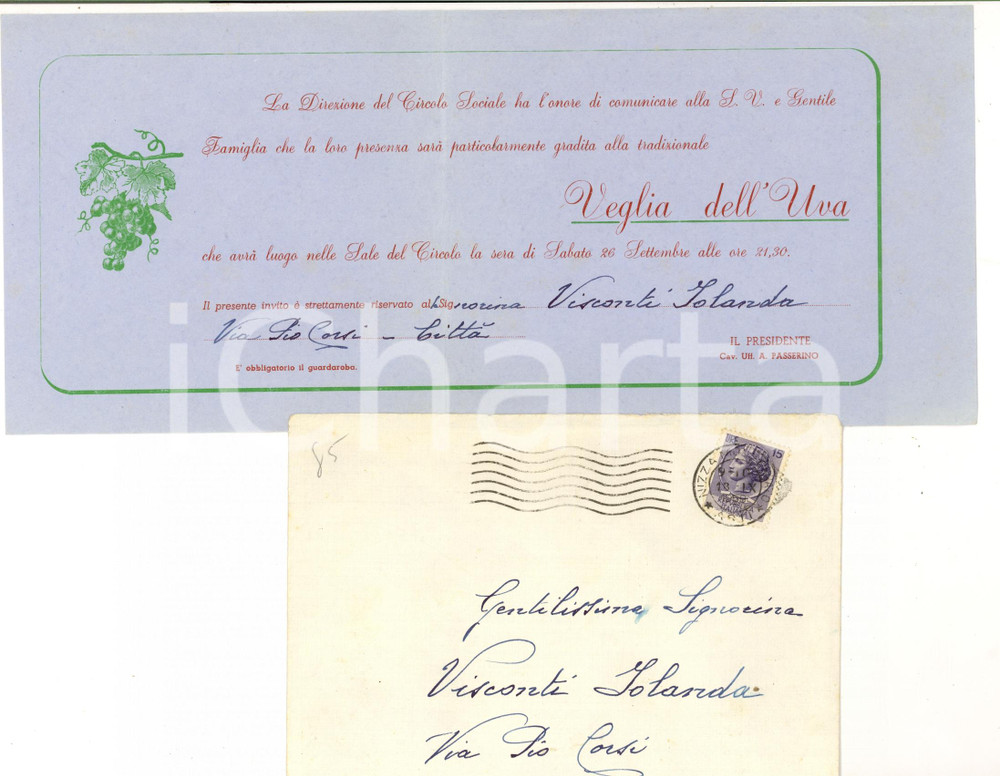 Documento originale, autentico 1959 NIZZA MONFERRATO AL Circolo Sociale  VEGLIA DELL UVA Invito 1