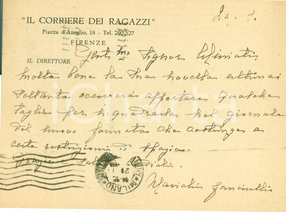 Autografo originale 1948 FIRENZE CORRIERE RAGAZZI Nuovo formato costringe a tagli Marialù FANCIULLI 1