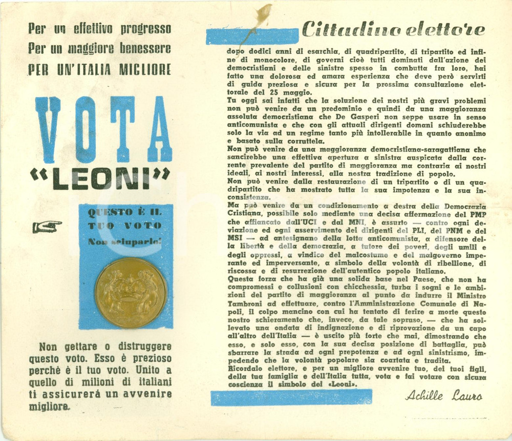 Materiale pubblicitario d’epoca 1958 MILANO PROPAGANDA POLITICA Achille LAURO per Francesco LEONI PMP UCI MNI 1