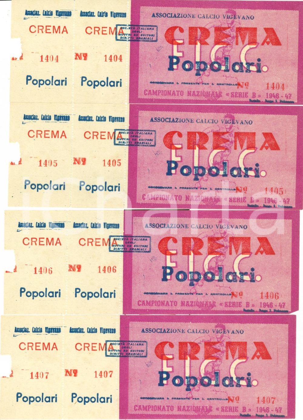 Oggetto da collezione cartaceo 1946 CREMA CR Associazione Calcio VIGEVANO Campionato serie B Lotto 4 biglietti 1