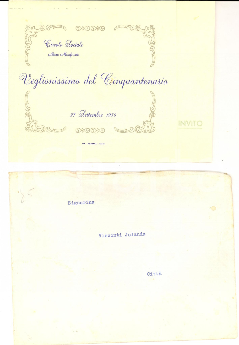 Oggetto da collezione cartaceo 1958 NIZZA MONFERRATO (AL) Circolo Sociale - Veglionissimo Cinquantenario INVITO 1