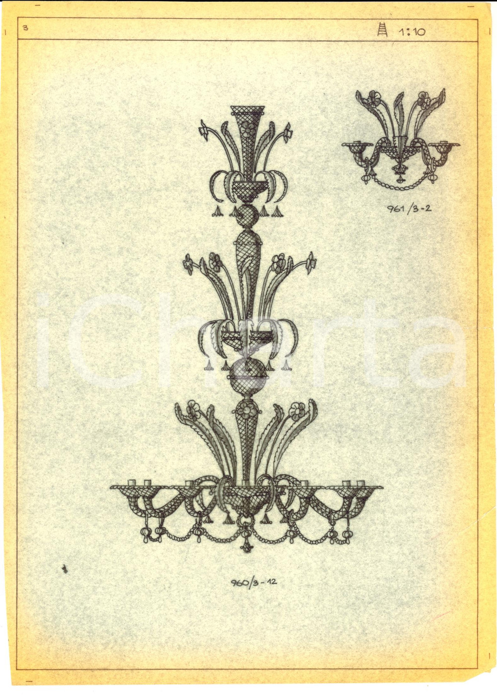Materiale pubblicitario d’epoca 1960 ca MURANO VE Ditta VENINI Disegno lampadario a fiori ELIOGRAFIA 1