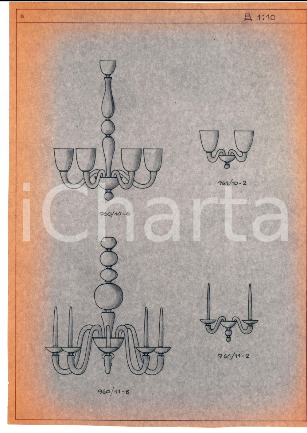 Materiale pubblicitario d’epoca 1960 ca MURANO (VE) Ditta VENINI Disegno di lampade in vetro *Copia eliografica 1