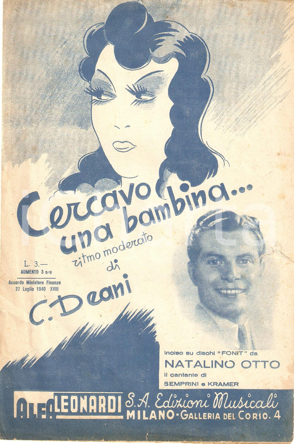 Oggetto da collezione cartaceo 1943 CERCAVO UNA BAMBINA Natalino OTTO Edizioni ALFA LEONARDI *Spartito 1