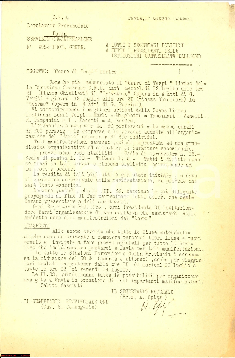 Documento originale, autentico 1933 O.N. Dopolavoro Pavia - Carro di Tespi lirico 1
