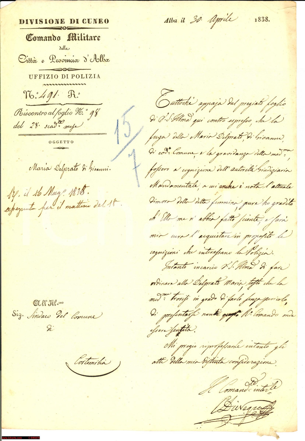 Documento originale, autentico 1838 MARIA DELPRATO incinta fugge da Alba a Cortemilia 1