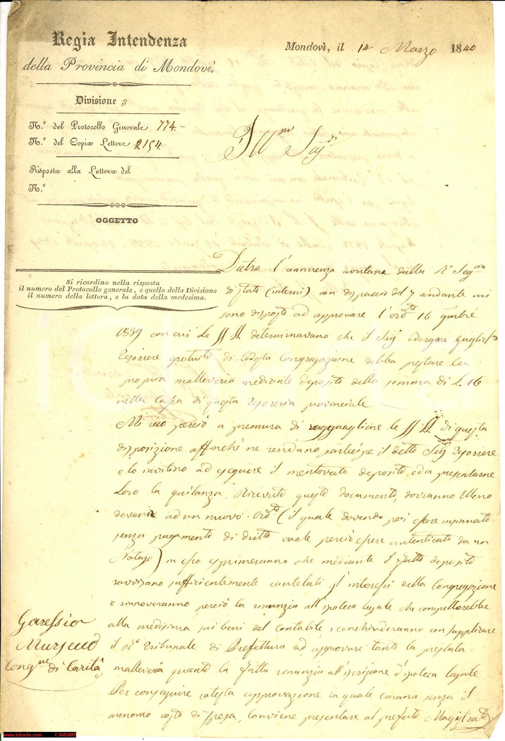 Documento originale, autentico 1840 GARESSIO (CN) BORGARO garante Congregazione CaritÃ  1