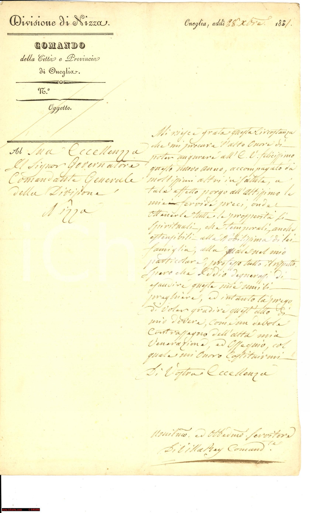 Documento originale, autentico 1831 ONEGLIA (IM) auguri feste VILLAREY al Governatore 1