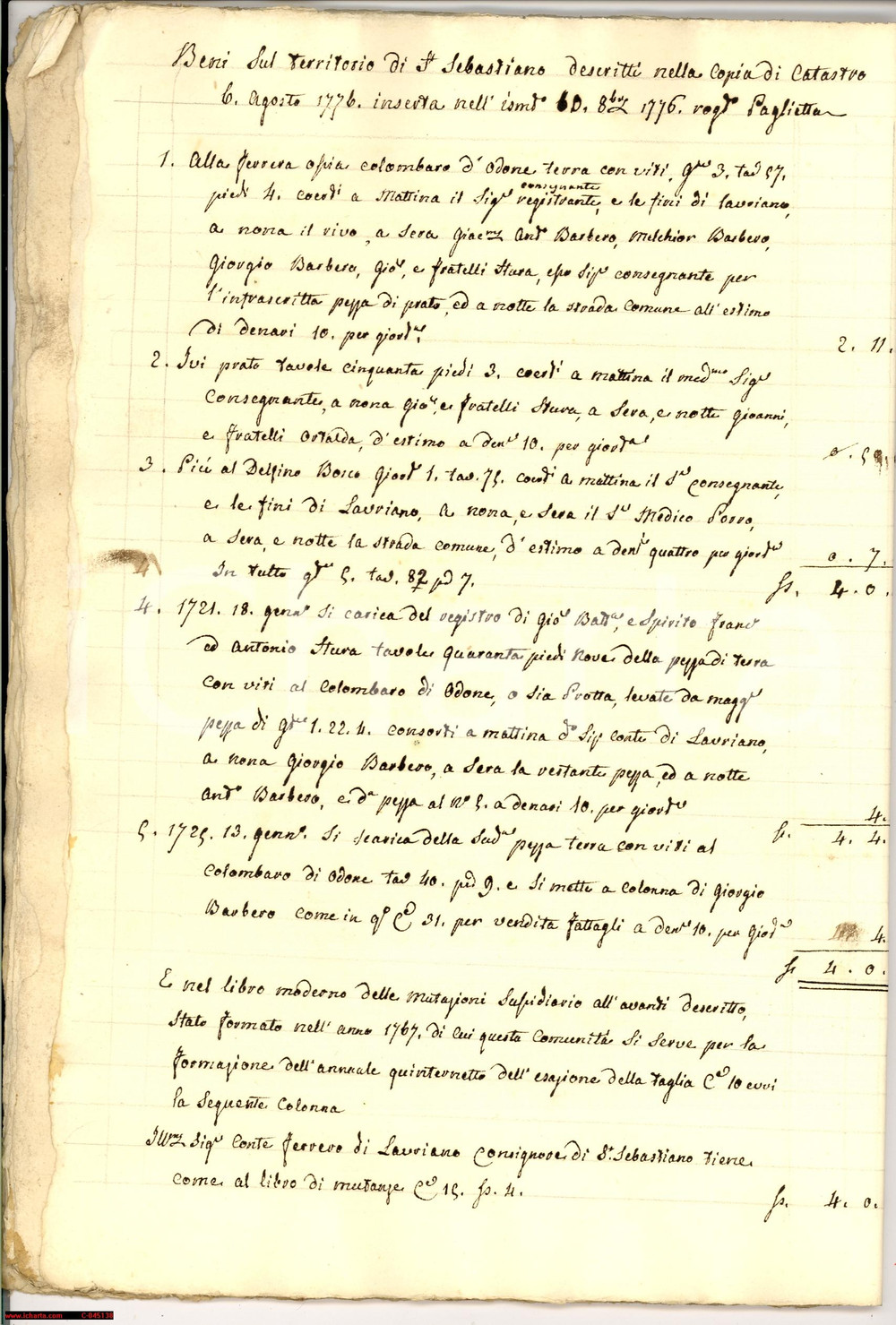Documento originale, autentico 1800 circa VEROLENGO (TO) Beni del feudo Conti MORRA 1
