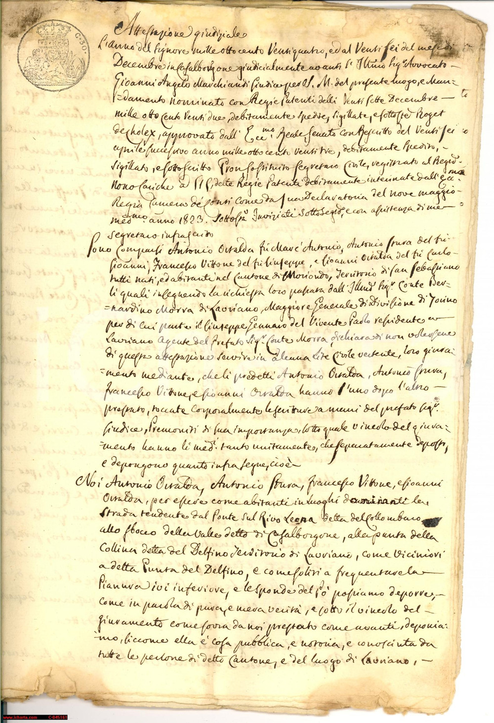 Documento originale, autentico 1824 CASALBORGONE (TO) redditizi mulini sul Po PAGNONE 1