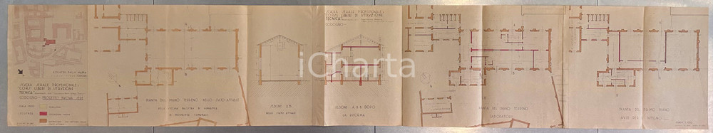 Mappa, planimetria storica 1945 ca CODOGNO (LO) Geom. Guido SELLA Progetto nuova sede scuola serale 33x180 1
