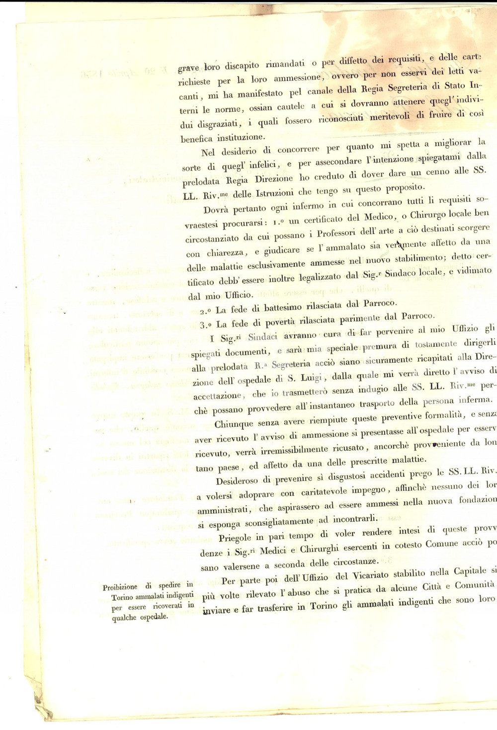 Documento originale, autentico 1836 TORINO Sull'accettazione al SAN LUIGI di malati di lebbra, pellagra e tigna 1