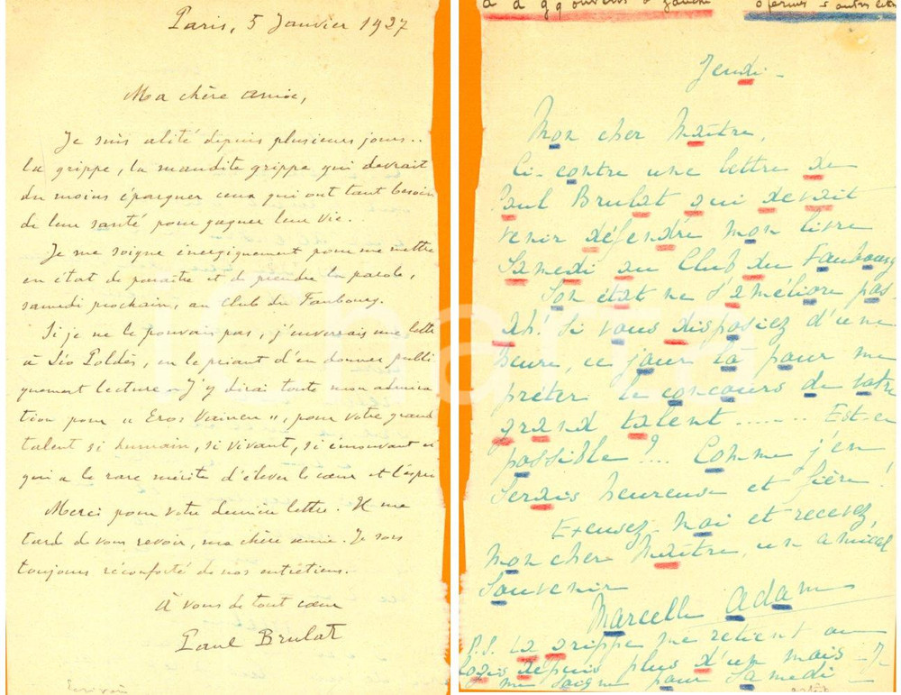 Autografo originale 1927 PARIS Paul BRULAT malato promette intervento a Marcelle ADAM Autografo 1