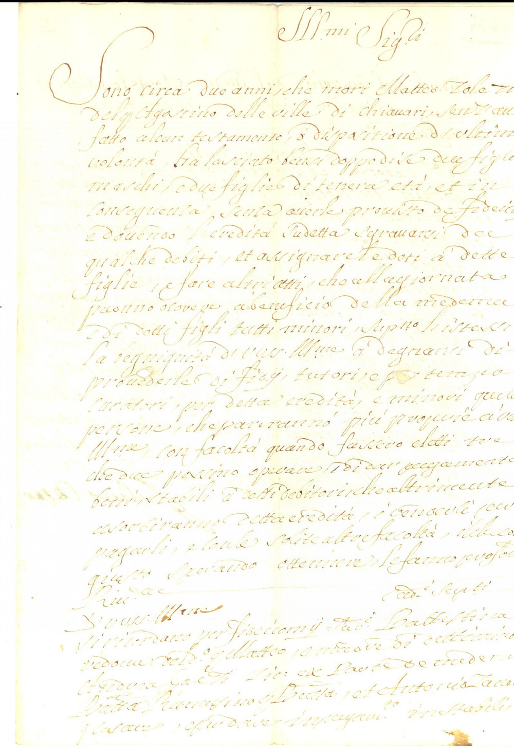 Documento originale, autentico 1705 CHIAVARI (GE) Richiesta di un tutore per orfani minorenni di Matteo ZOLEZZI 1