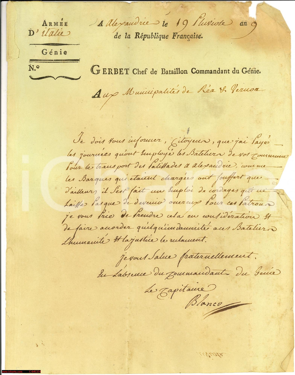 Documento originale, autentico 1801 VERRUA PO (PV) trasporto palizzate Armata d'Italia 1