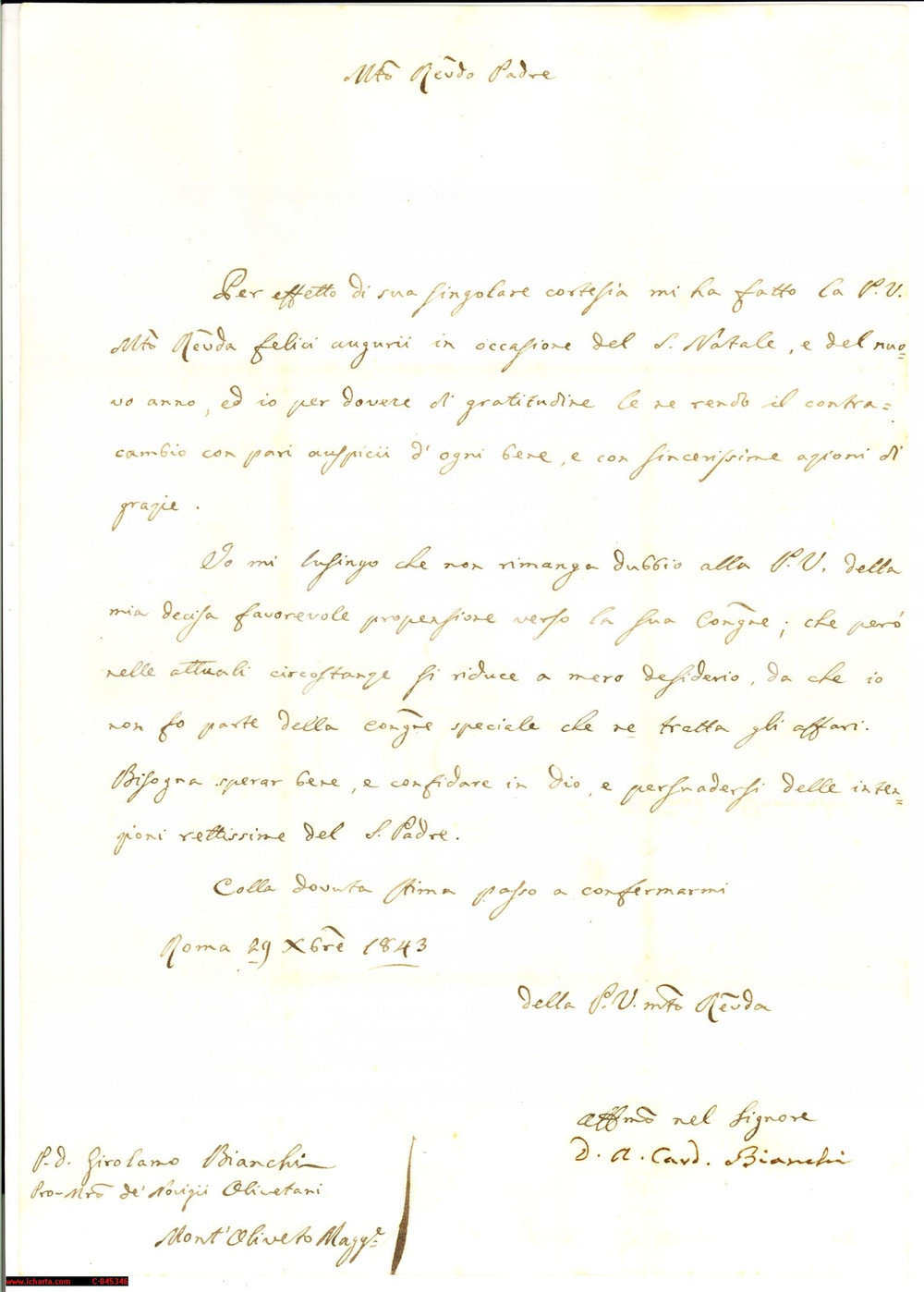 Autografo originale 1843 ROMA card. Ambrogio BIANCHI lettera AUTOGRAFA 1