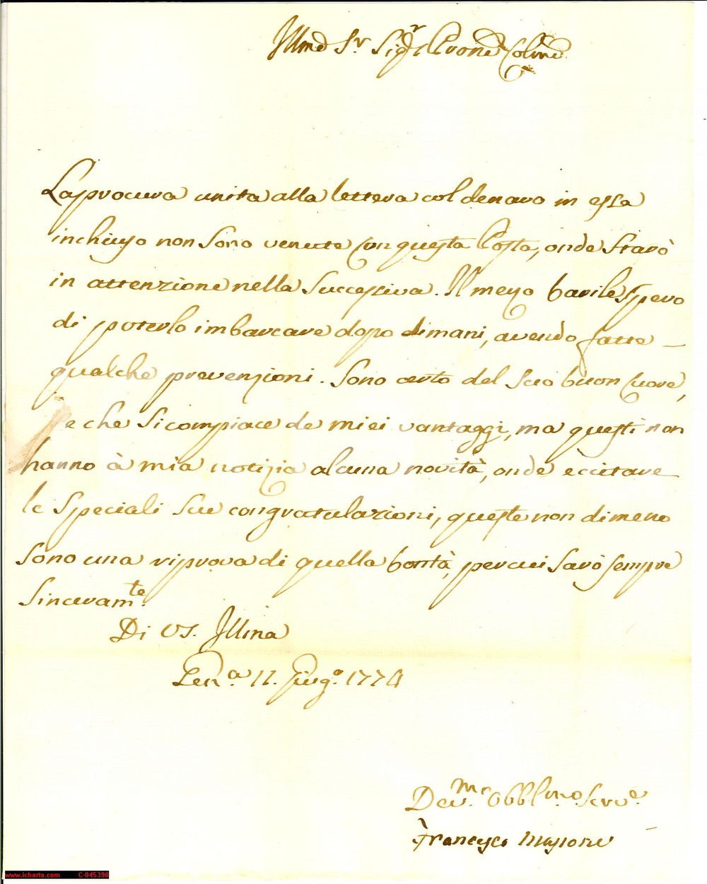 Manoscritto, lettera originale 1774 GENOVA Francesco MASSONE imbarca un barile  Manoscritto 1