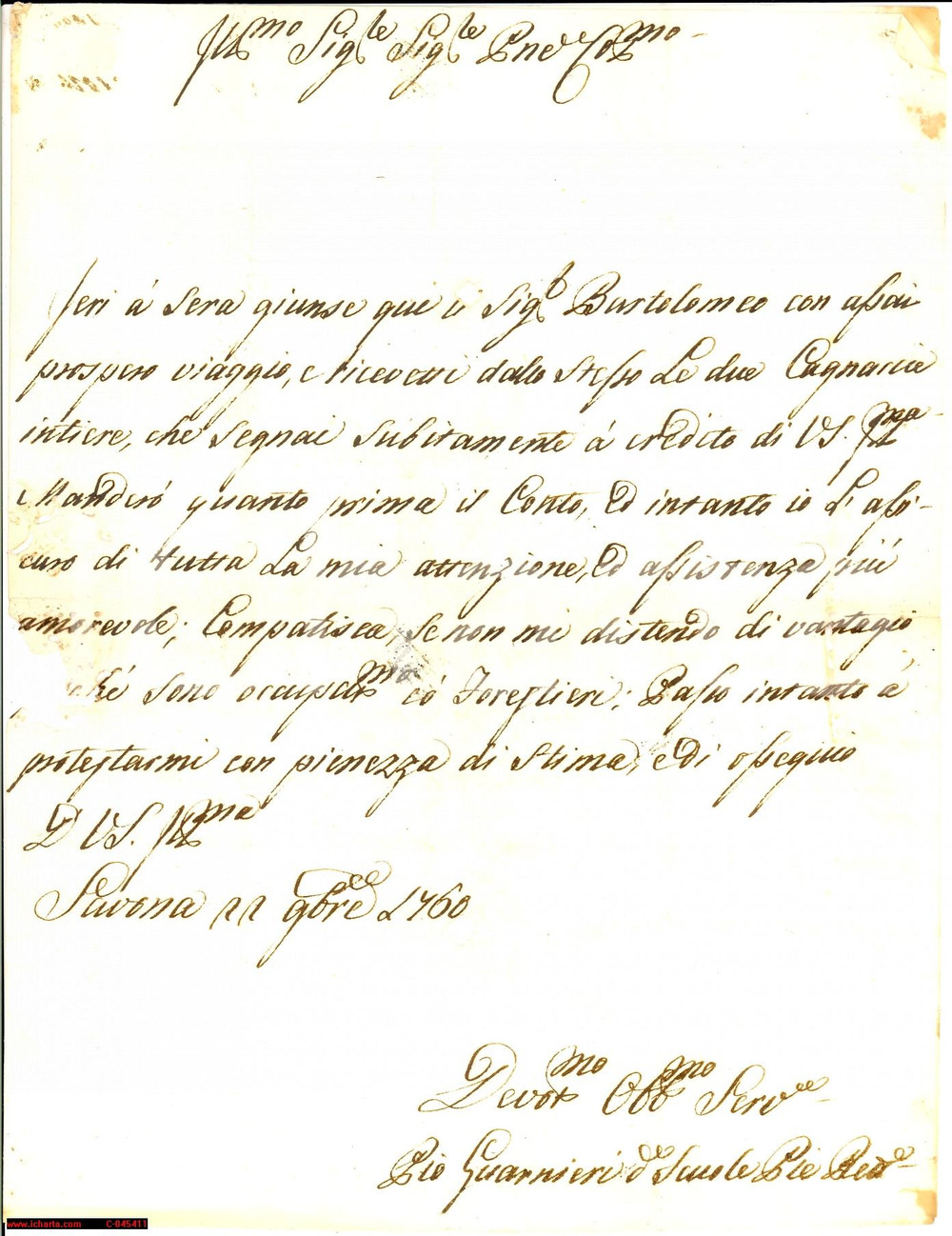 Manoscritto, lettera originale 1760 SAVONA  due cagnascie intiere  rettore GIOVANNI GUARNIERI 1