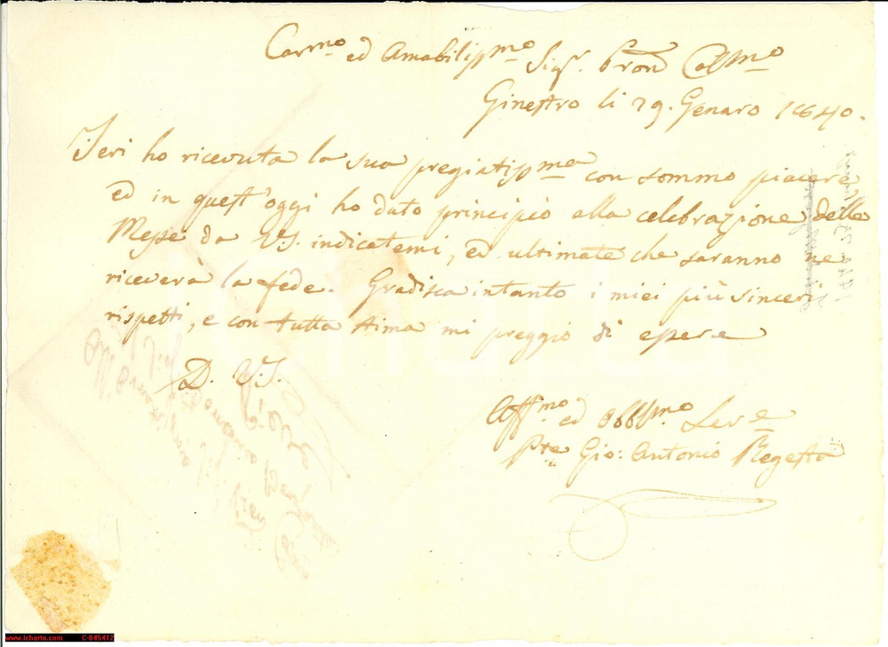 Manoscritto, lettera originale 1840 GINESTRO (SV) celebrazione messe don REGESTA 1