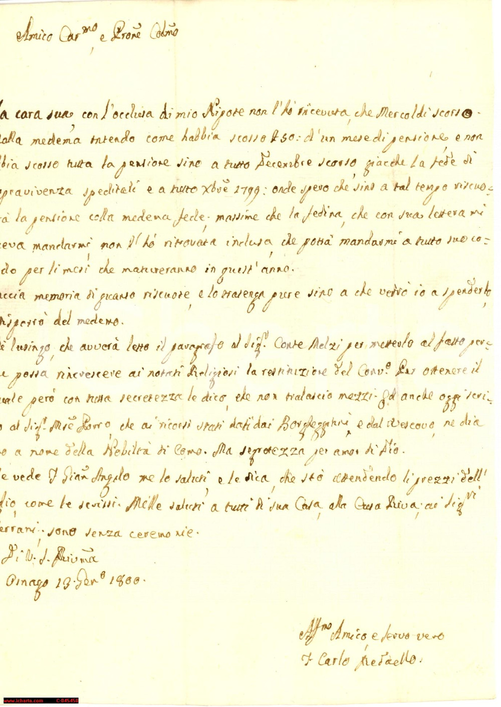 Manoscritto, lettera originale 1800 OSNAGO LE CARLO REDAELLI nobiltà  Como contro vescovo 1