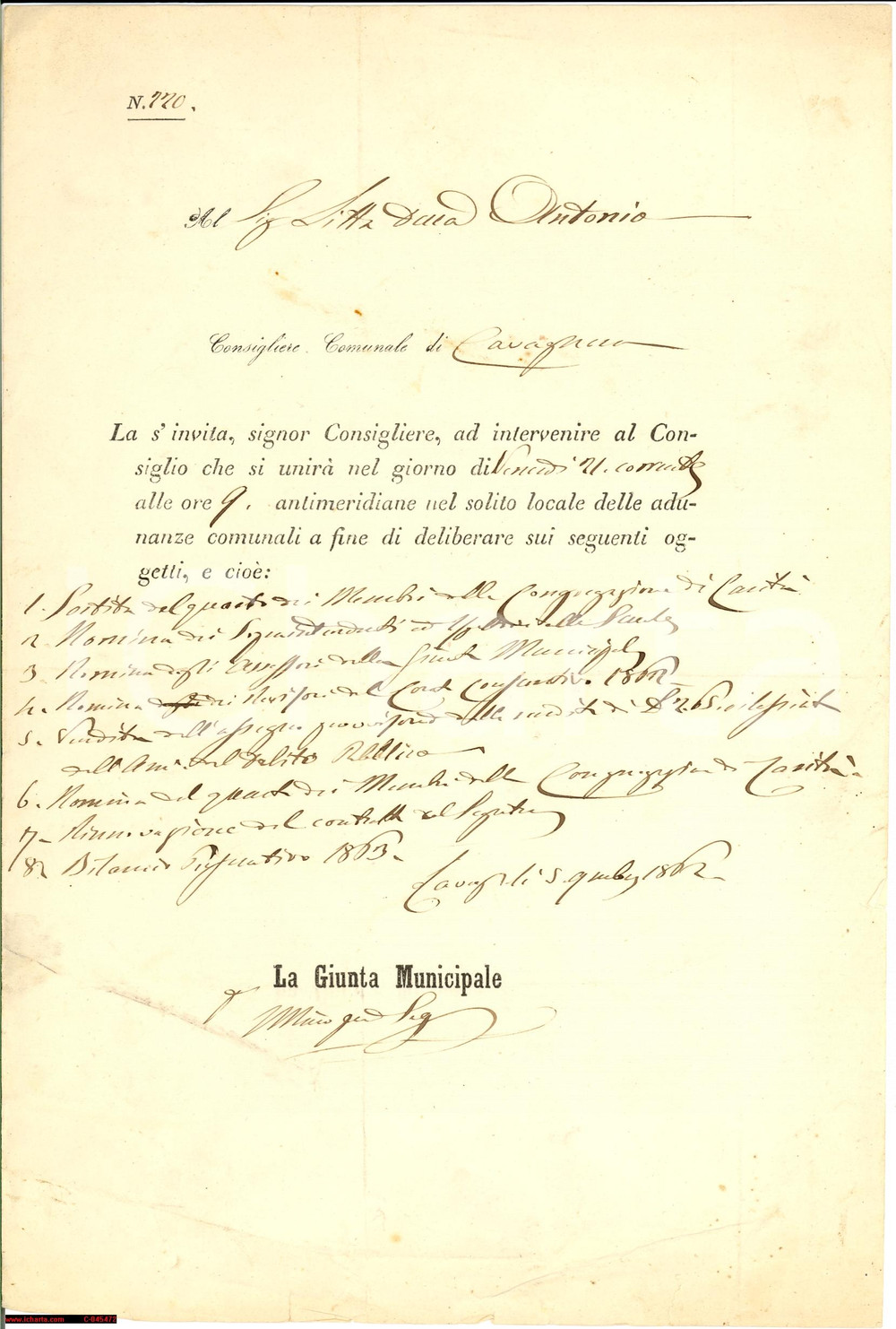 Documento originale, autentico 1862 CAVAGNERA (PV) duca LITTA al Consiglio Comunale 1