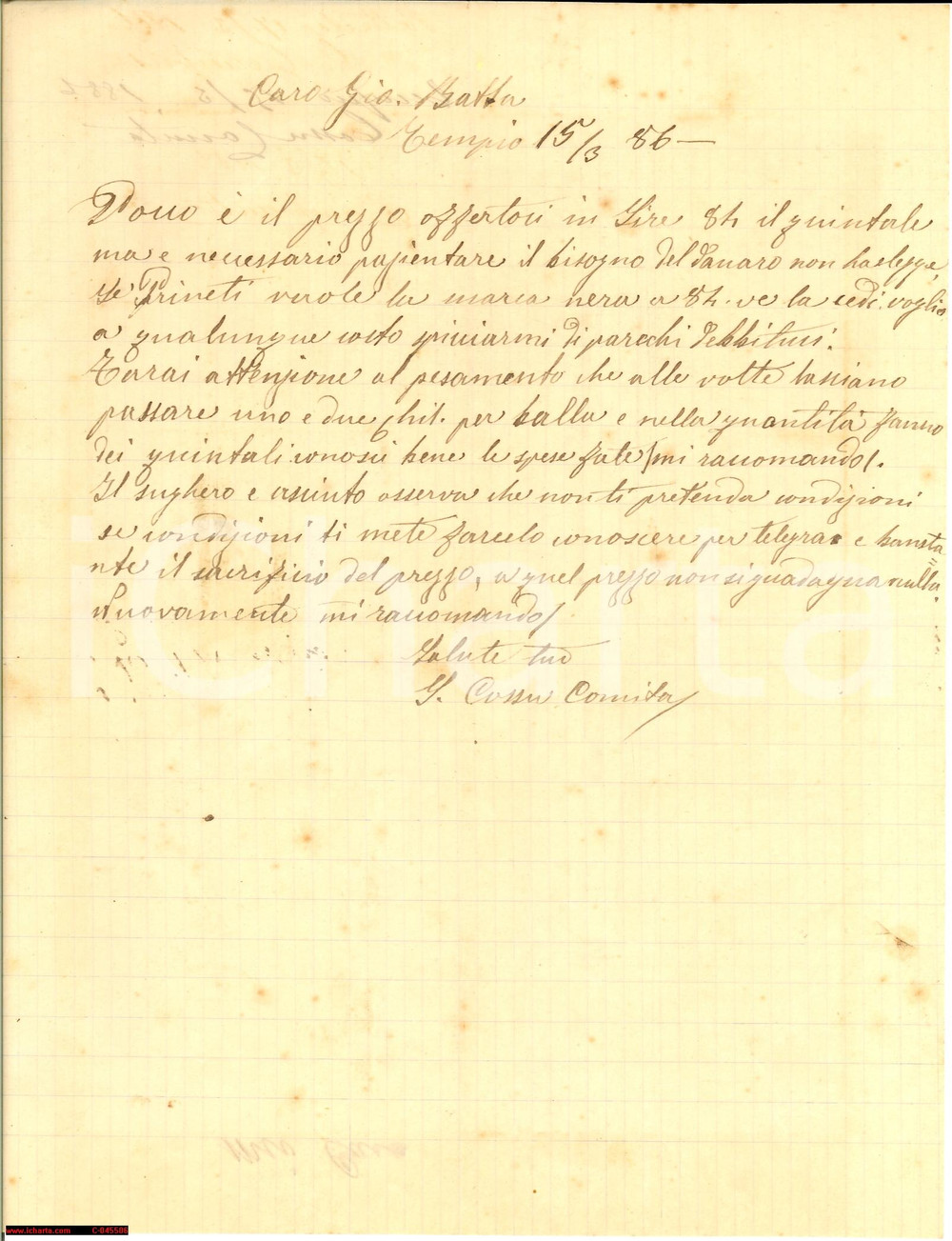 Manoscritto, lettera originale 1886 TEMPIO PAUSANIA il bisogno del danaro non ha legge 1