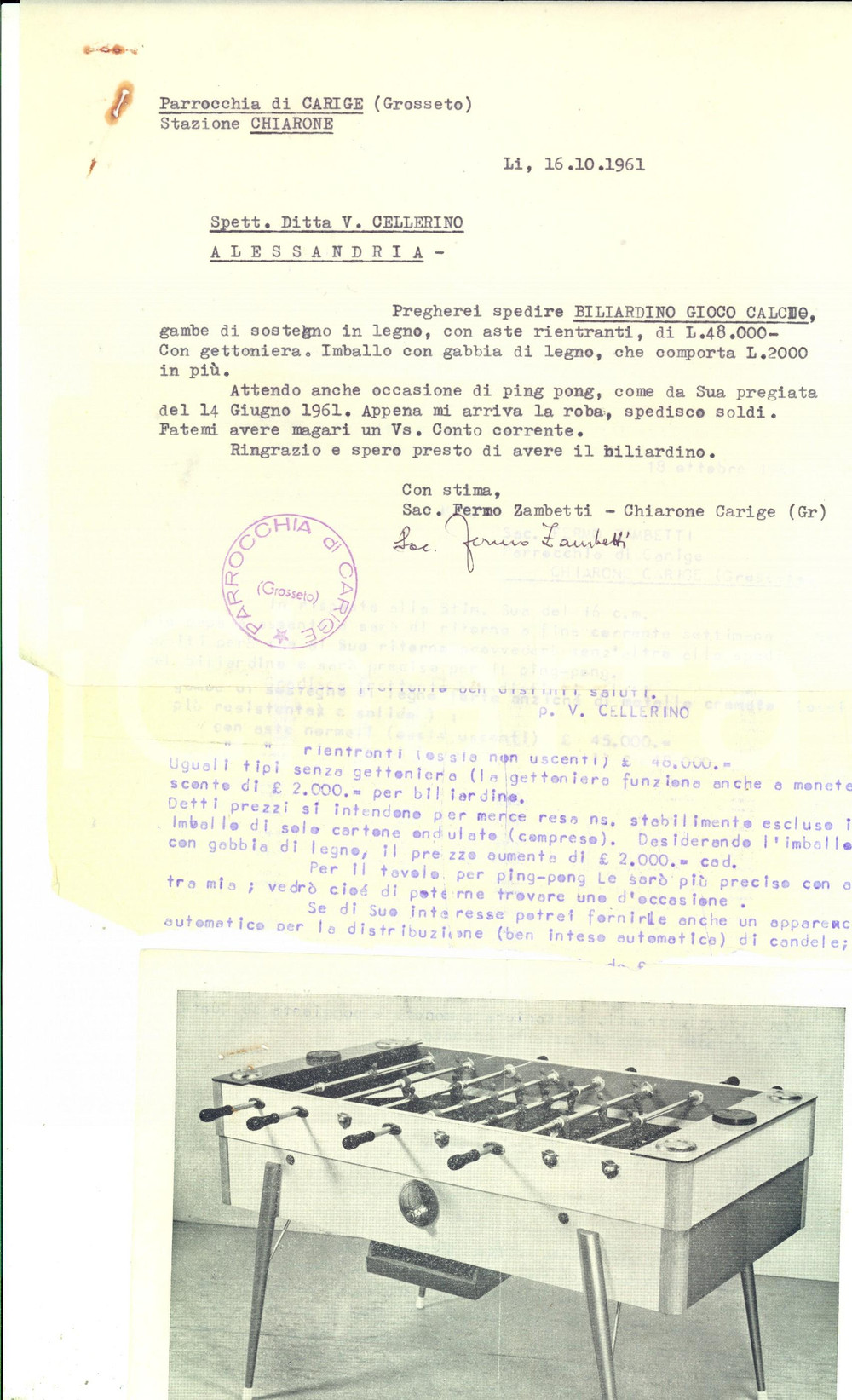 Materiale pubblicitario d’epoca 1961 BORGO CARIGE / CAPALBIO GR Biliardino CELLERINO per chiesa parrocchiale 1