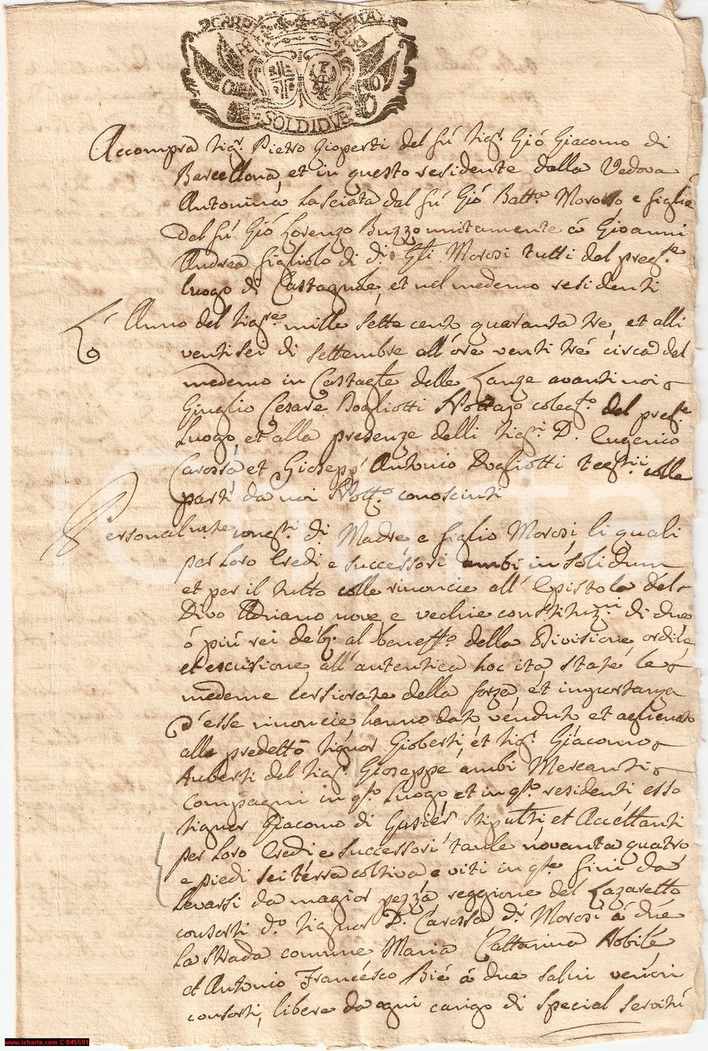 Documento originale, autentico 1743 CASTAGNOLE DELLE LANZE Giovanni MOROSO vende terra 1