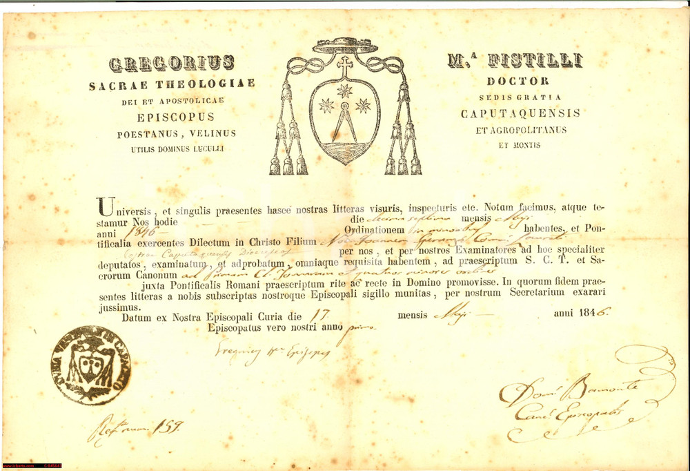 Documento originale, autentico 1846 CAPACCIO SA Bolla prima tonsura Giovanni SPERANZA 1