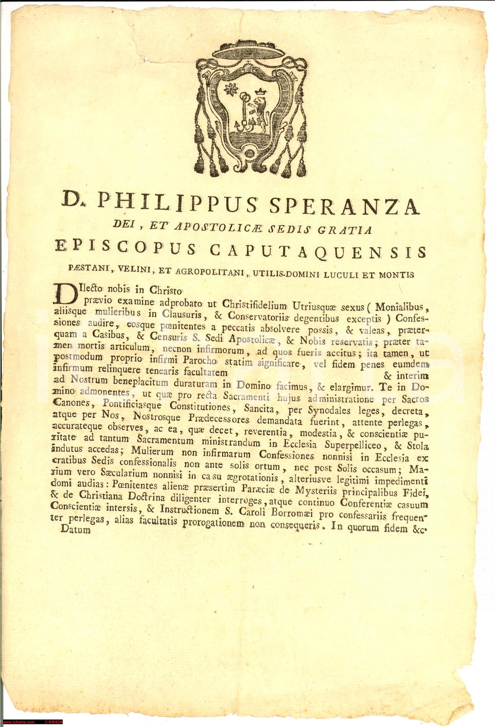 Documento originale, autentico 1810 CAPACCIO (SA) Licenza confessione mons. SPERANZA 1