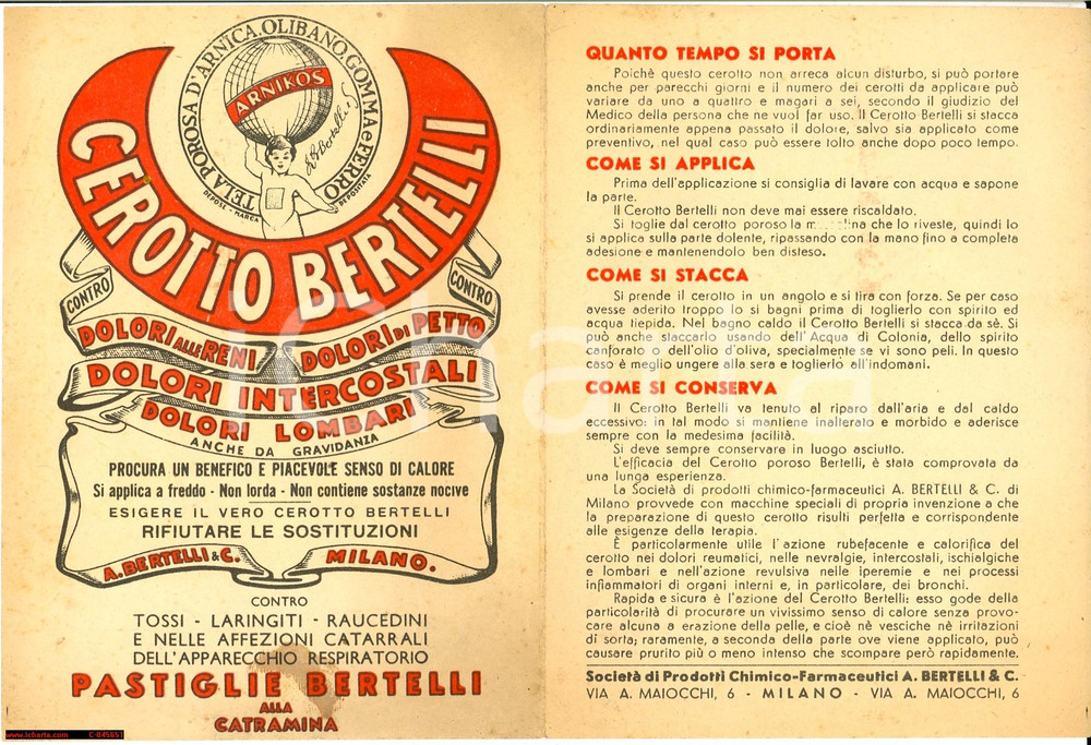 Materiale pubblicitario d’epoca 1930 ca MILANO CEROTTO BERTELLI Pubblicità vintage 1