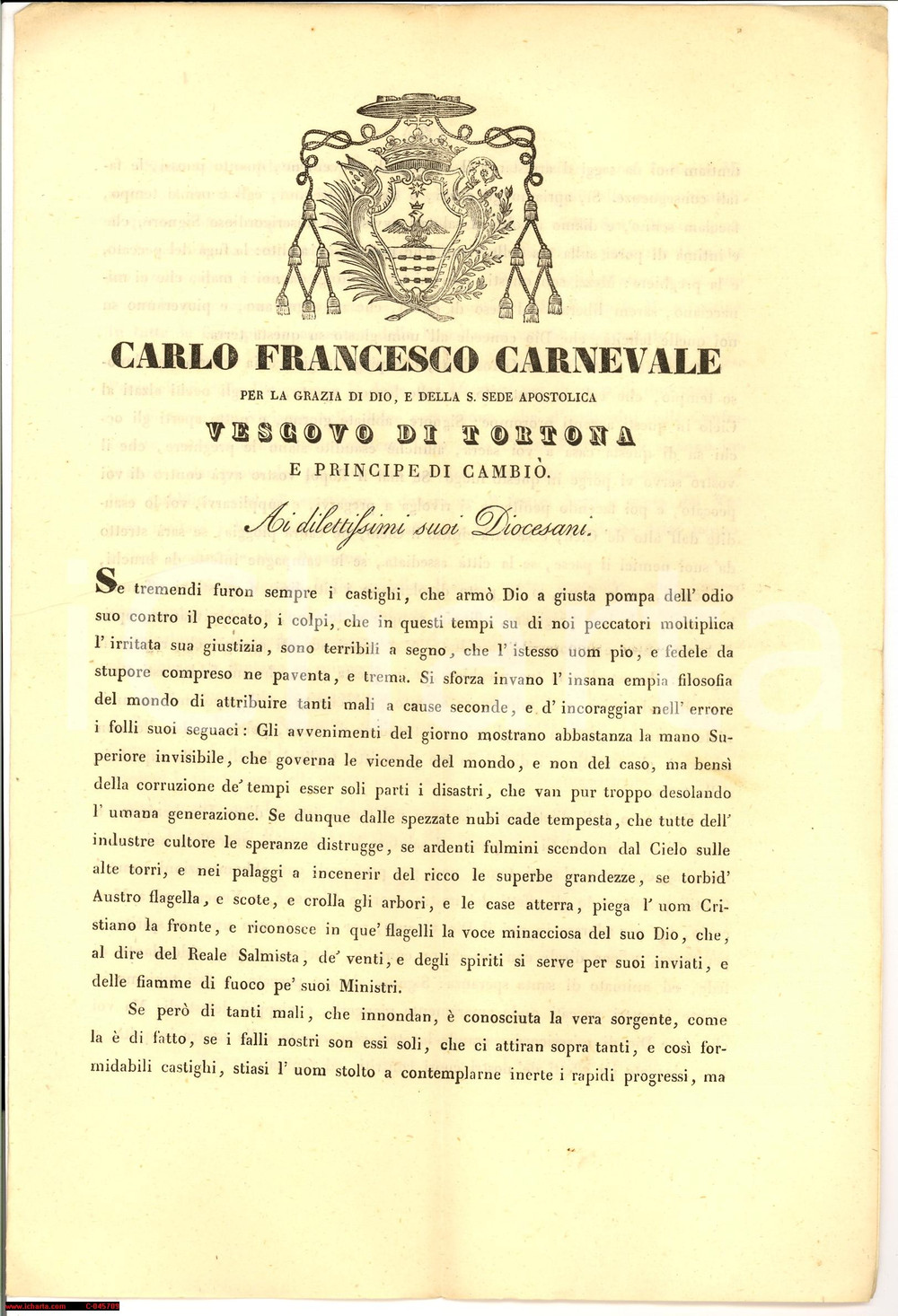 Documento originale, autentico 1831 TORTONA AL Predica mons. Carlo Francesco CARNEVALE 1