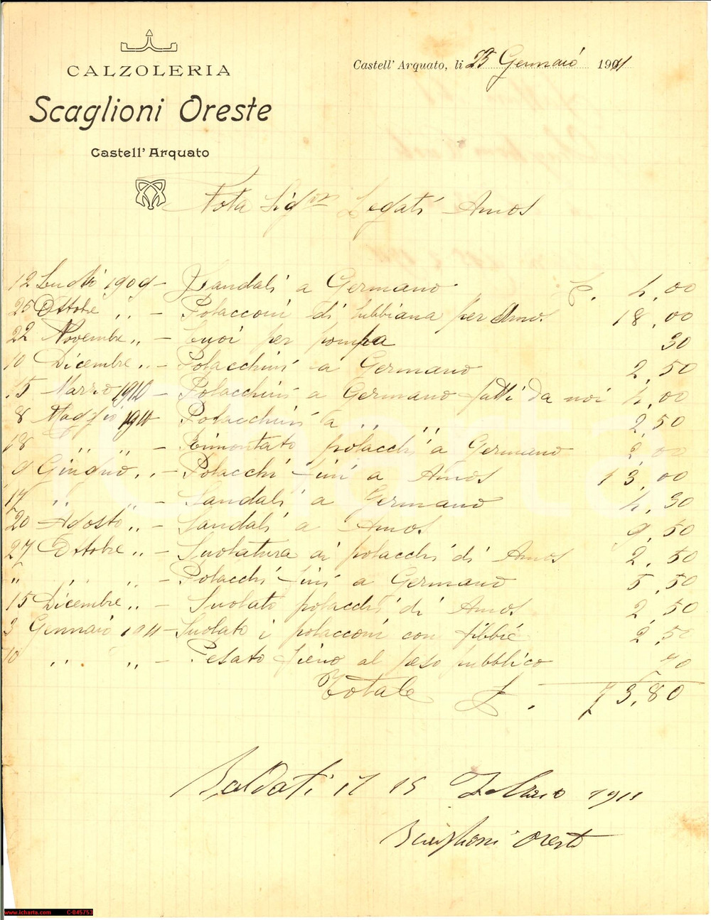 Documento originale, autentico 1901 CASTELL'ARQUATO (PC) Calzoleria Oreste SCAGLIONI 1