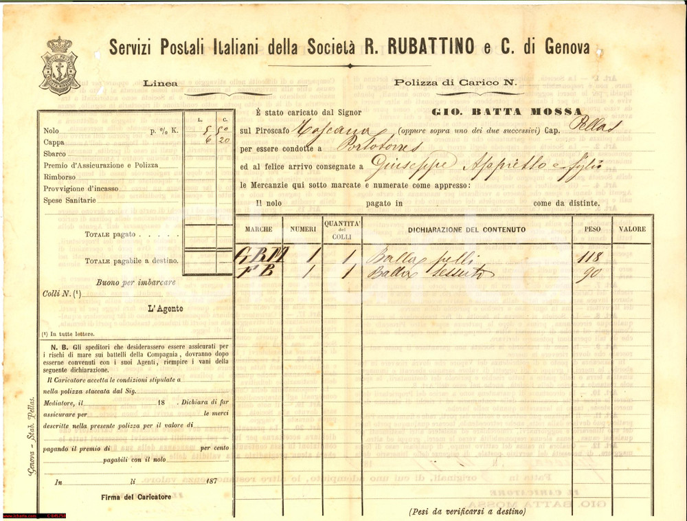 Documento originale, autentico 1875 GENOVA Servizi Postali RUBATTINO Pelli in Sardegna 1
