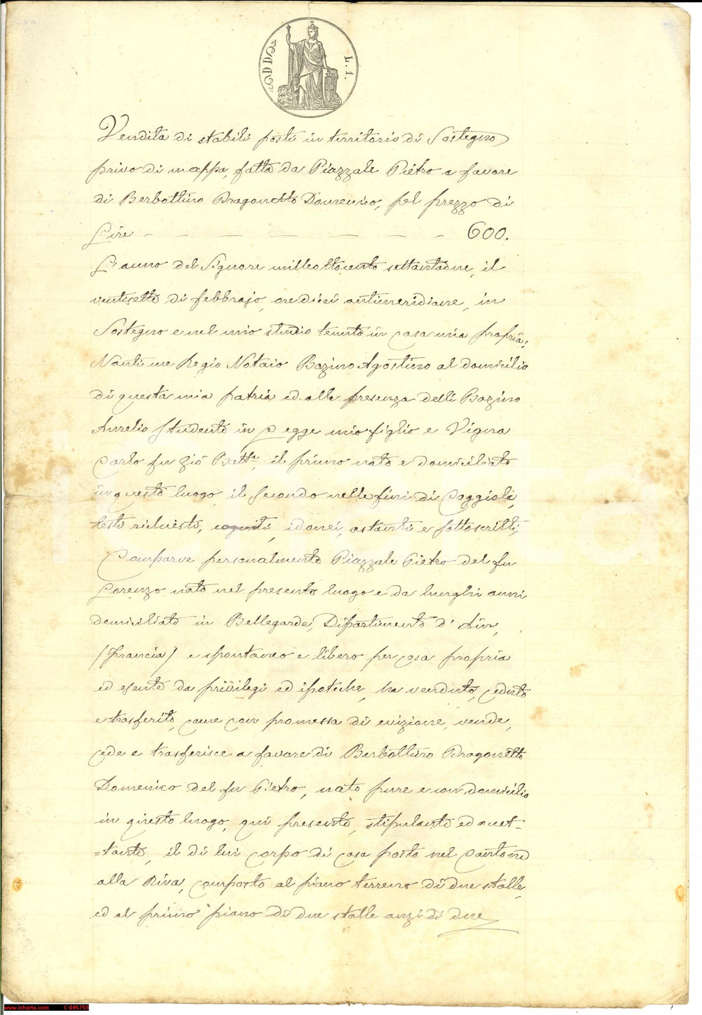 Documento originale, autentico 1872 SOSTEGNO (BI) Pietro PIAZZALE vende casa e stalle 1
